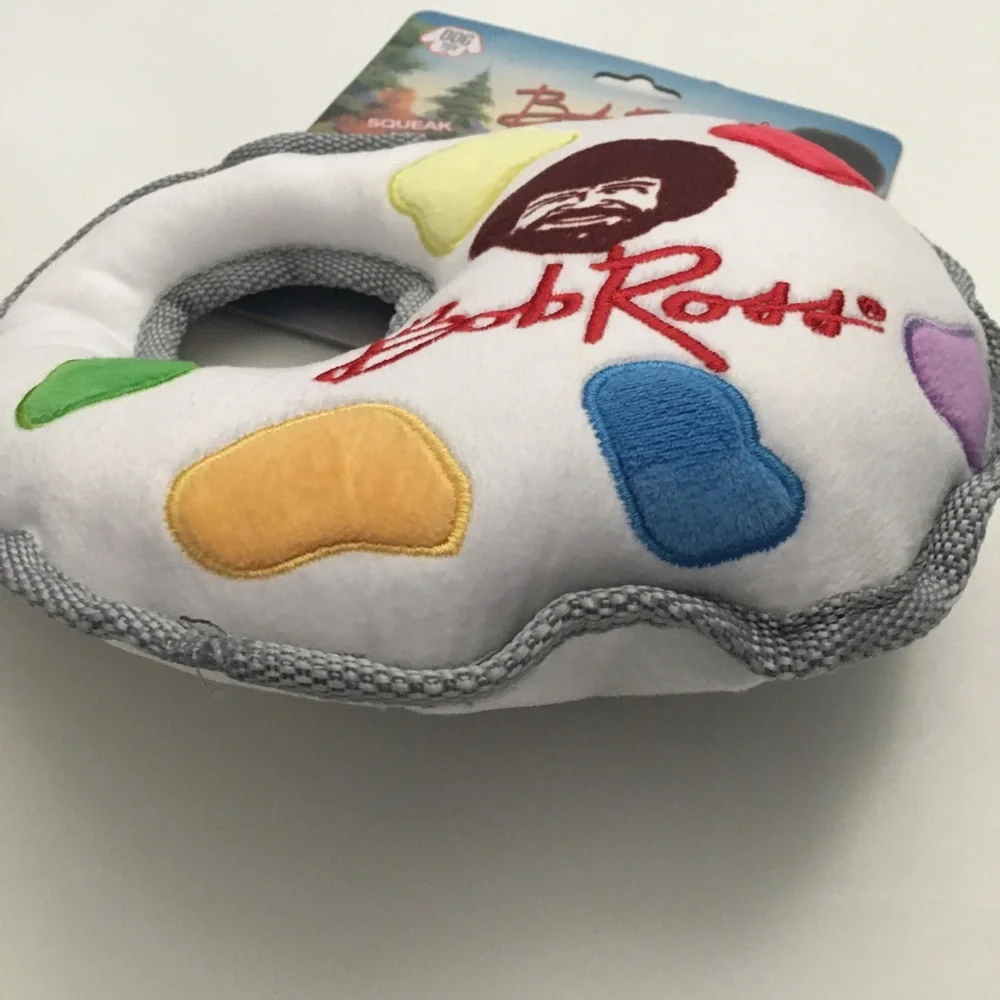 Dog Toy Bob Ross Palette Plush Squeaker White - Multicolor Paint Splotches NEW